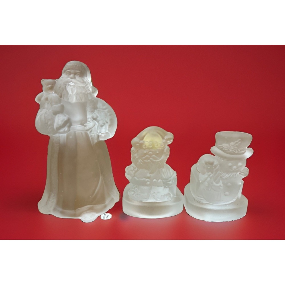 Vintage Frosted Glass Santa Claus & Snowmen candle votive holder NIB